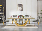 7 Piece Marble Dining Table Set for 6, 94 inch Large White Faux Marble Table with Gold U Shaped Stainless Steel Base, Modern Kitchen Dining Room Table Set for 6 with Grey Upholstered Velvet Chairs
