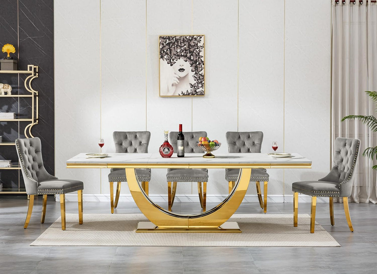 7 Piece Marble Dining Table Set for 6, 94 inch Large White Faux Marble Table with Gold U Shaped Stainless Steel Base, Modern Kitchen Dining Room Table Set for 6 with Grey Upholstered Velvet Chairs