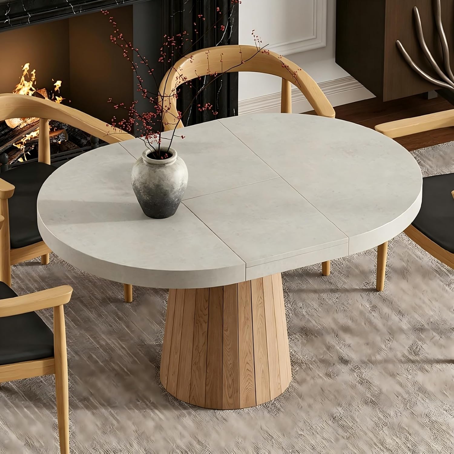 homary Extendable Dining Table for 6 Round to Oval 39"-55", Solid Wood Kitchen Table for 4-6 People, Space-Saving Design for Small Spaces & Family Gatherings