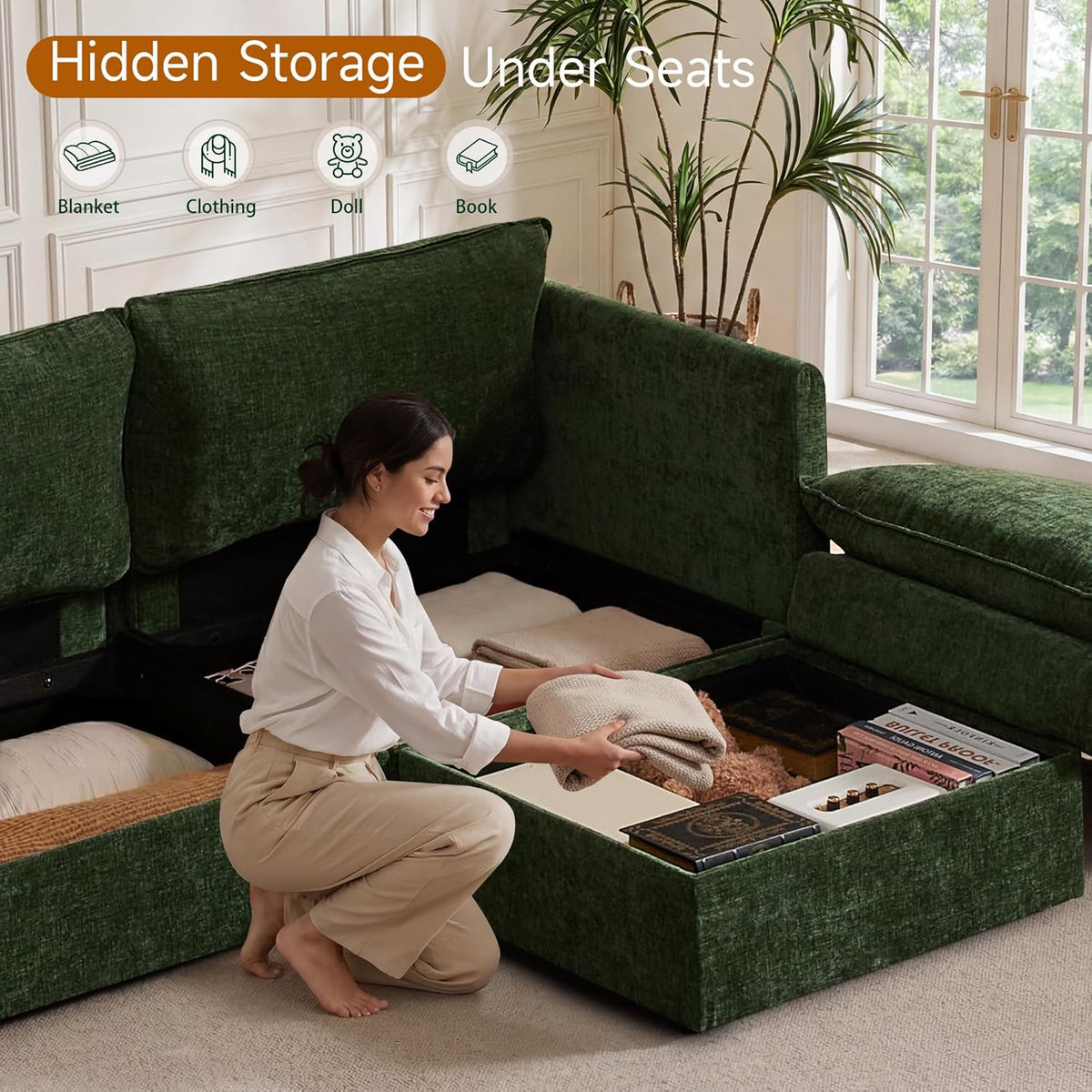 Myroyalsit Modular Sofa with Storage, 135" Sleeper Sofa Bed Sectional Cloud Couch, Oversized Fabric Couch with Movable Ottoman, 8 Seat Modern Deep Seat Sofa for Living Room (Green Chenille)