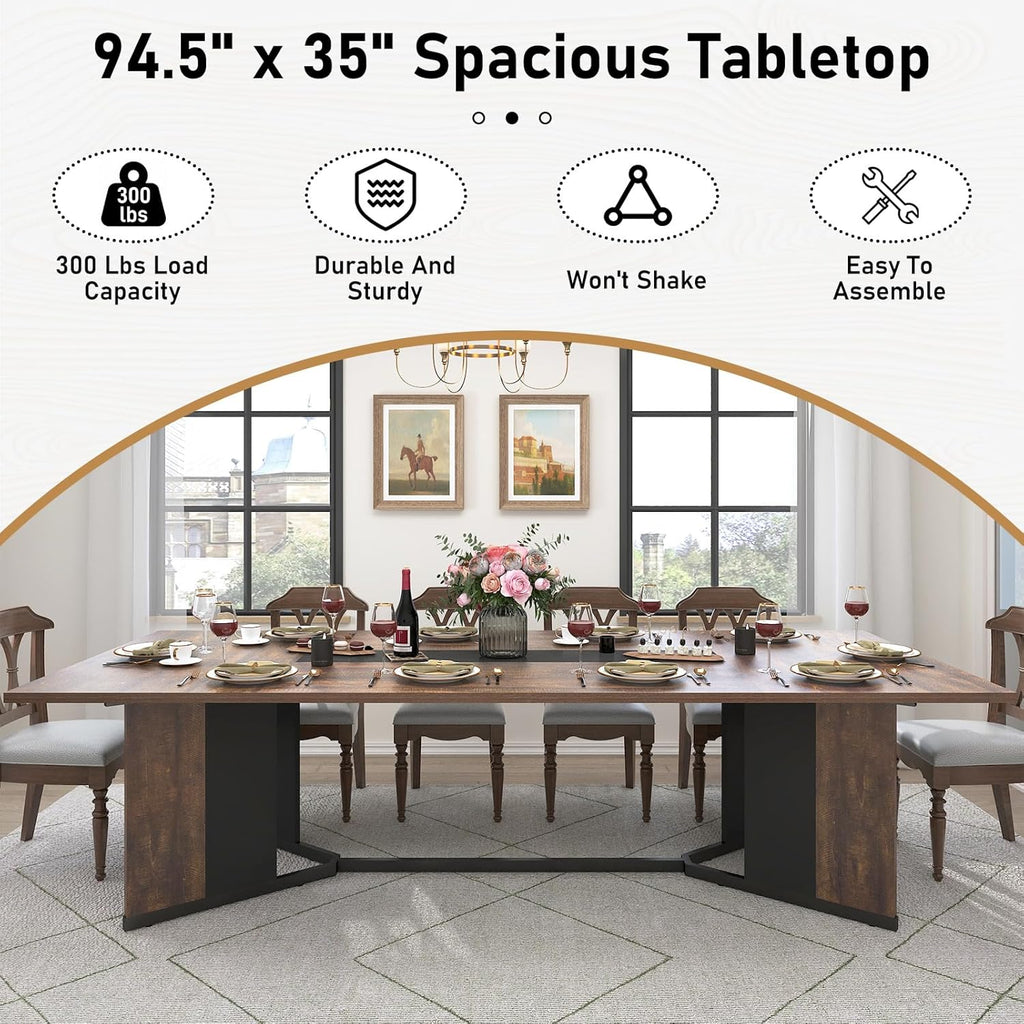 Hlivelood 94Inch Large Dining Table for 8 10 People,Wooden Rectangular Kitchen Table W/Waterproof Tabletop,Large Rectangle Furniture W/Adjustable Legs,Brown Dinner Table for Kitchen Dining Room(94IN)