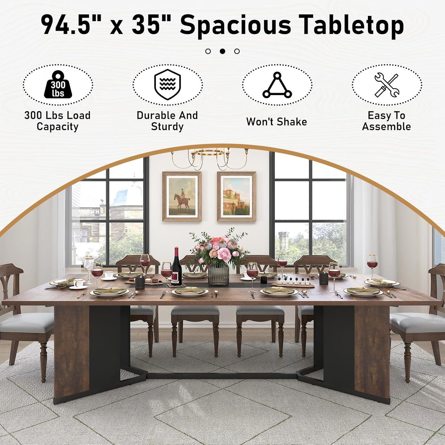 Hlivelood 94Inch Large Dining Table for 8 10 People,Wooden Rectangular Kitchen Table W/Waterproof Tabletop,Large Rectangle Furniture W/Adjustable Legs,Brown Dinner Table for Kitchen Dining Room(94IN)