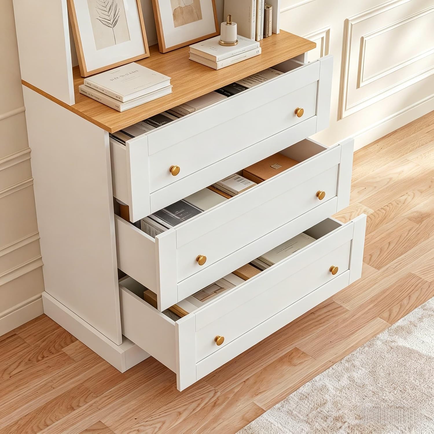 71" Tall Modular Farmhouse Bookcase with Drawers,Expandable Wooden Storage Cabinets for Home Office and Study Room，White