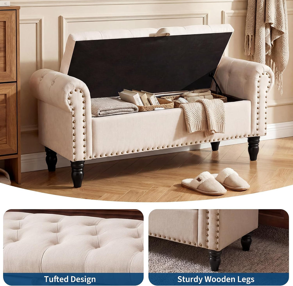 51in Bedroom Storage Bench for End of Bed, Upholstered Ottoman Bench with Button Tufted Design and Rolled Arms, Anti Cotton and Linen Entryway Bench with Safety Hinge for Living Room, Closet, Gray