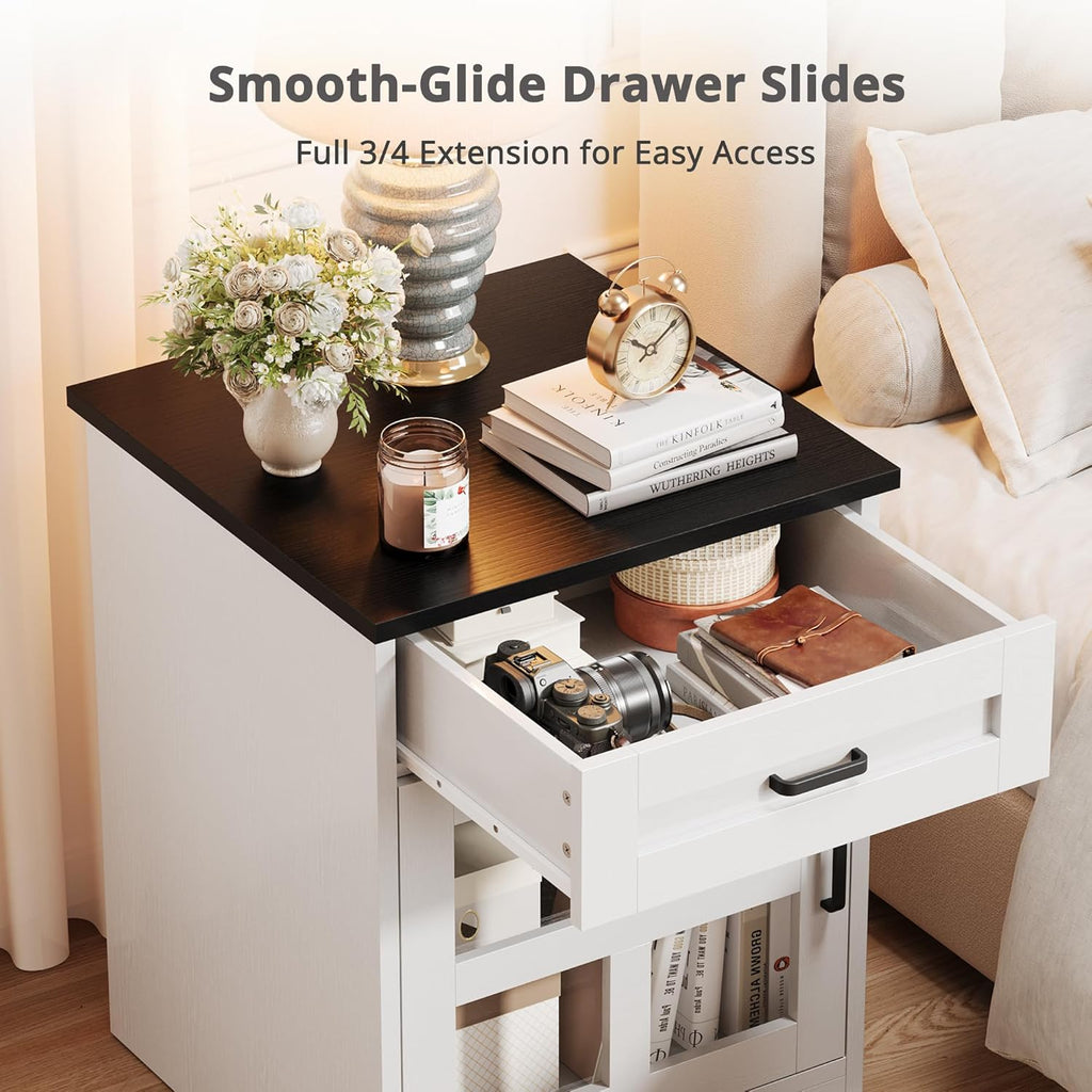 Farmhouse End Table, 18" Side Table with Drawer and Barn Door Storage, Wood Sofa Side Bedside Table for Living Room, Bedroom (White)