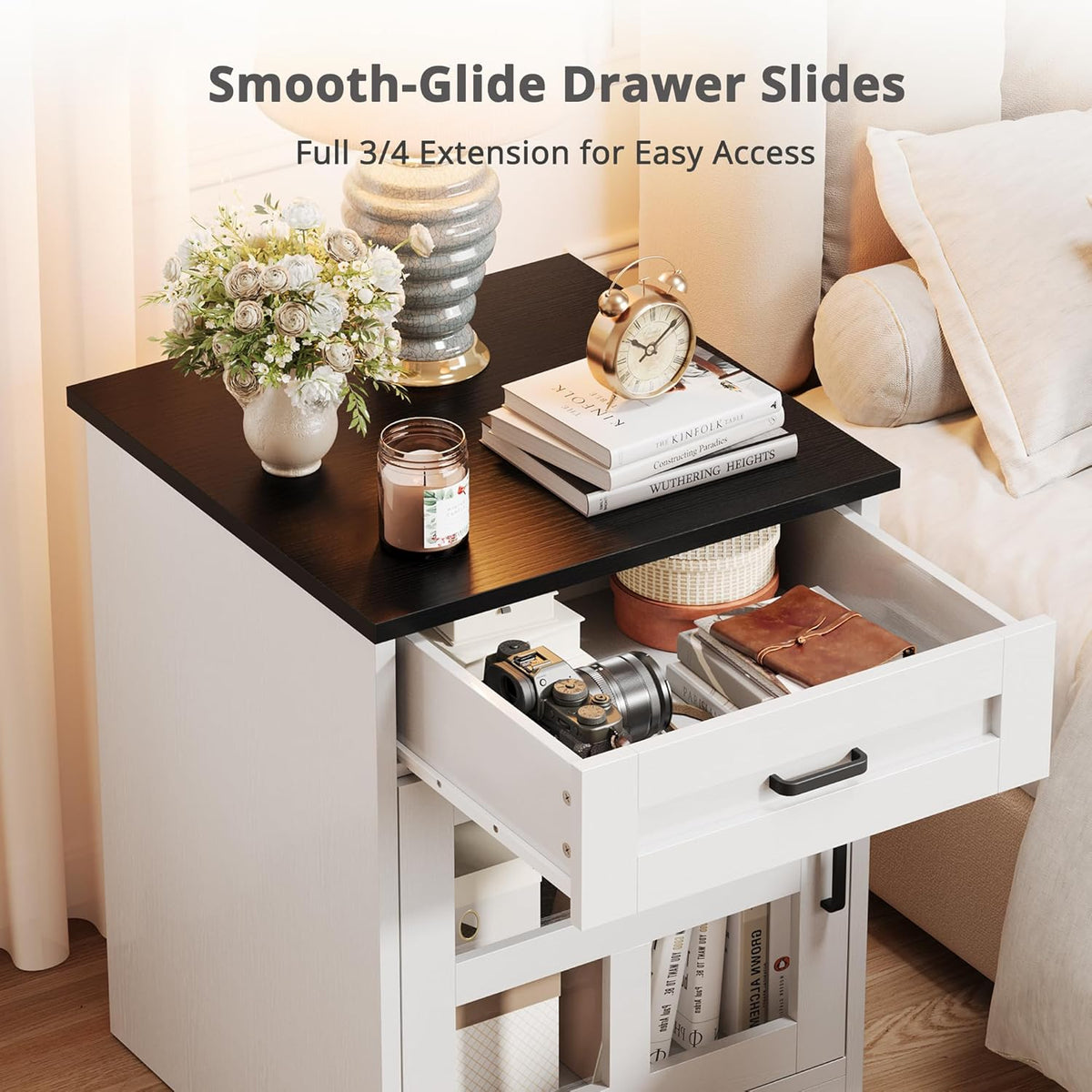 Farmhouse End Table, 18" Side Table with Drawer and Barn Door Storage, Wood Sofa Side Bedside Table for Living Room, Bedroom (White)