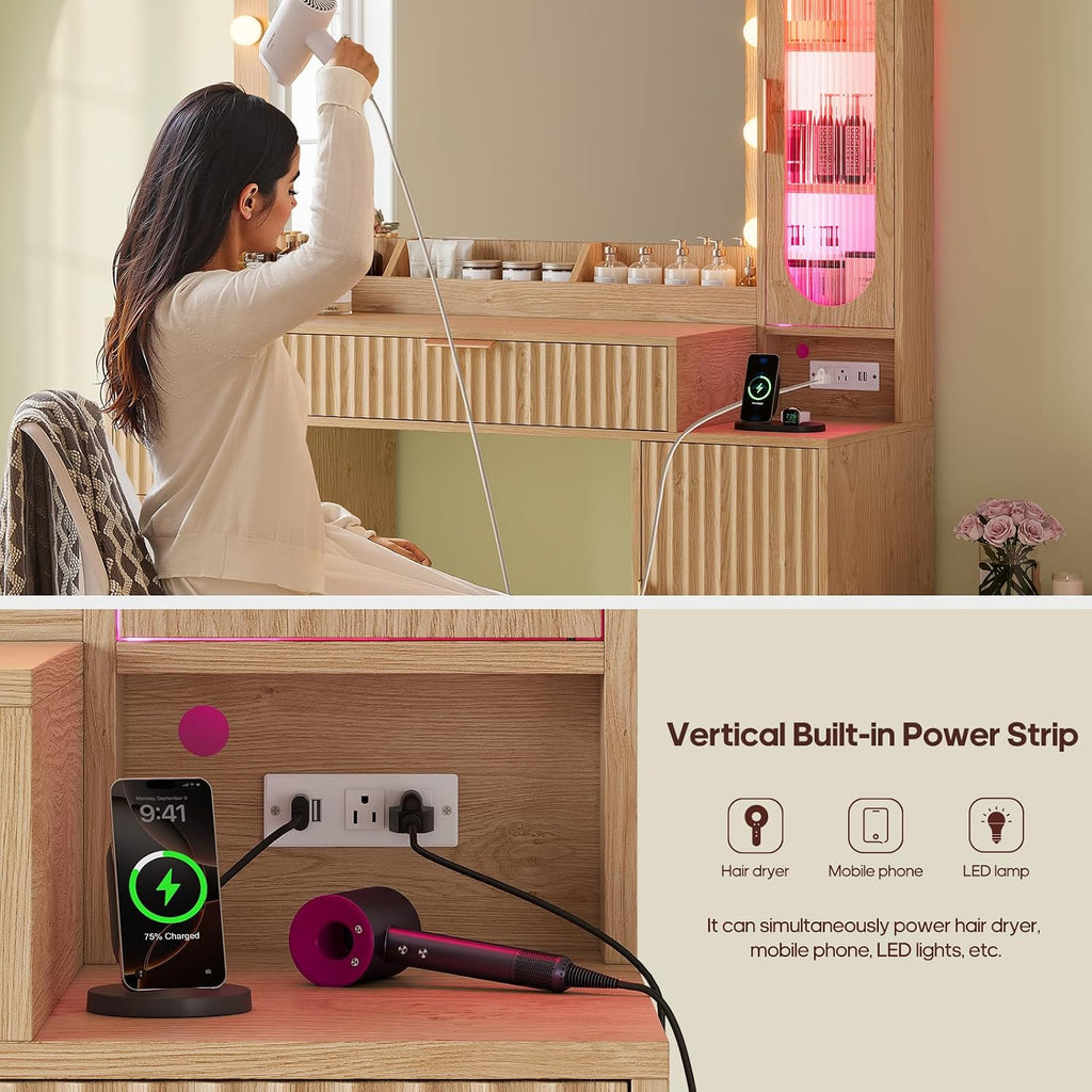 BTHFST Fluted Wood Vanity Desk with Large 31.5" Mirror and Lights, Oak | 46.1" Makeup Vanity with Charging Station, Glass Cabinet with RGB Lights, Dressing Table with 6 Drawers & Cabinet & Shelves