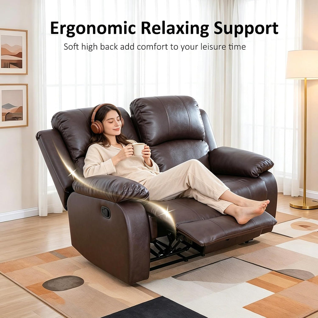Faux Leather Manual Recliner Sofa Set, 3 Piece Living Room Furniture Set, Loveseat Reclining Couch and 2 Recliner Chairs for RV Home Theater (Brwon)