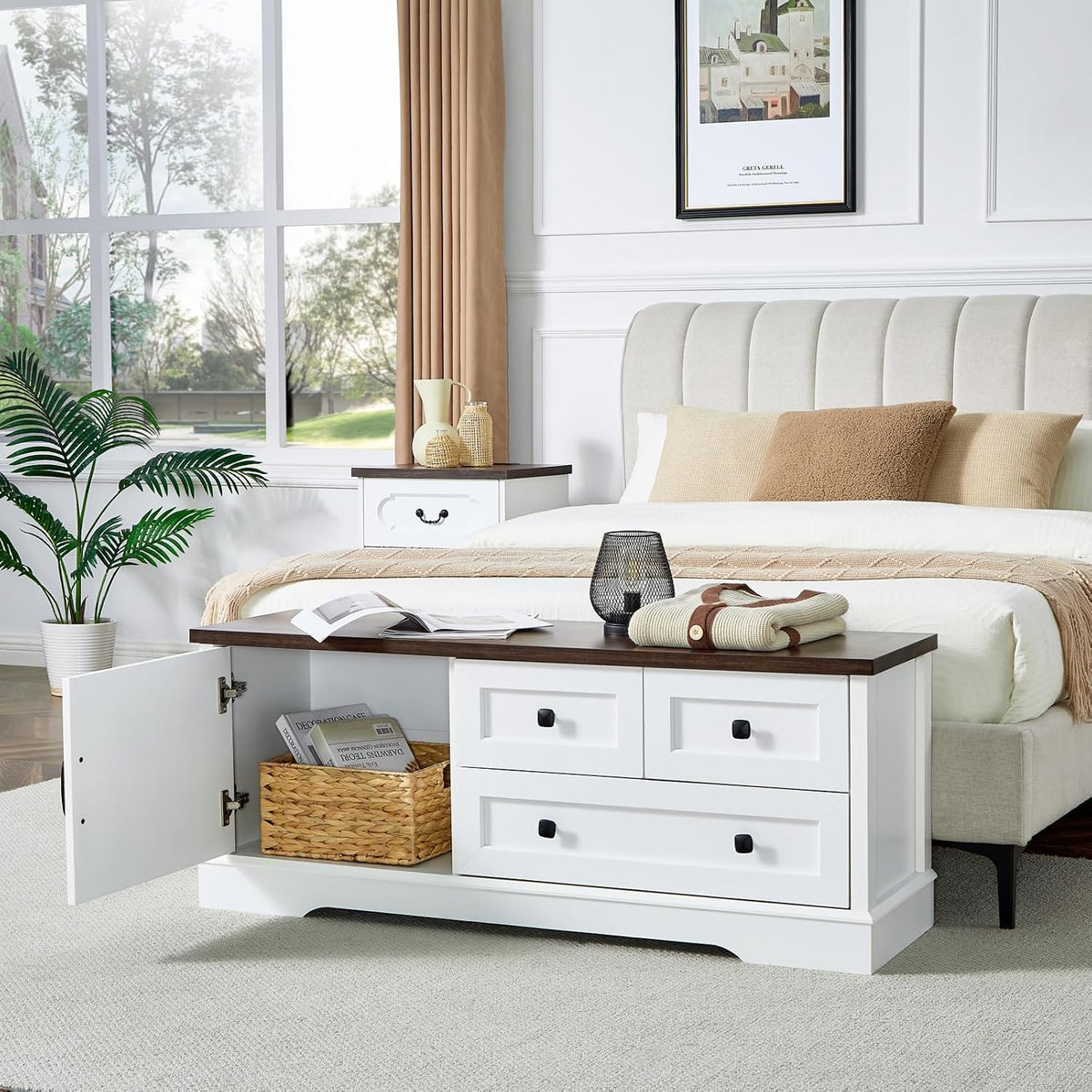 SOOWERY 48 Inch End of Bed Storage Bench, Farmhouse Bed Bench with Drawers and Cabinet, Rustic Shoe Storage Bench for Entryway, Bedroom,Living Room, White