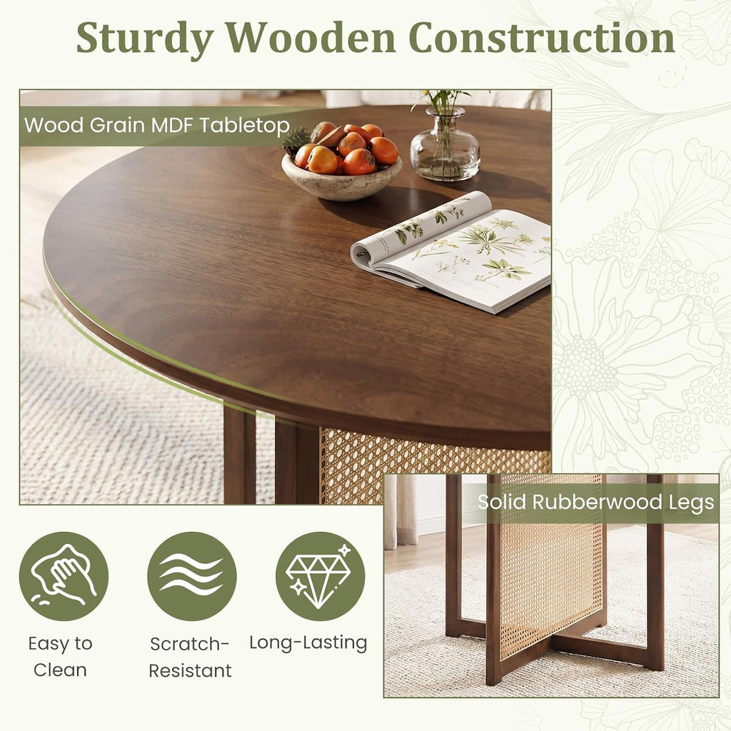 Giantex 37.5" Round Dining Table for 2-4, Farmhouse Kitchen Table with Solid Rubberwood Pedestal & Rattan Base, Modern Small Circle Dinner Table for Dinette Living Room