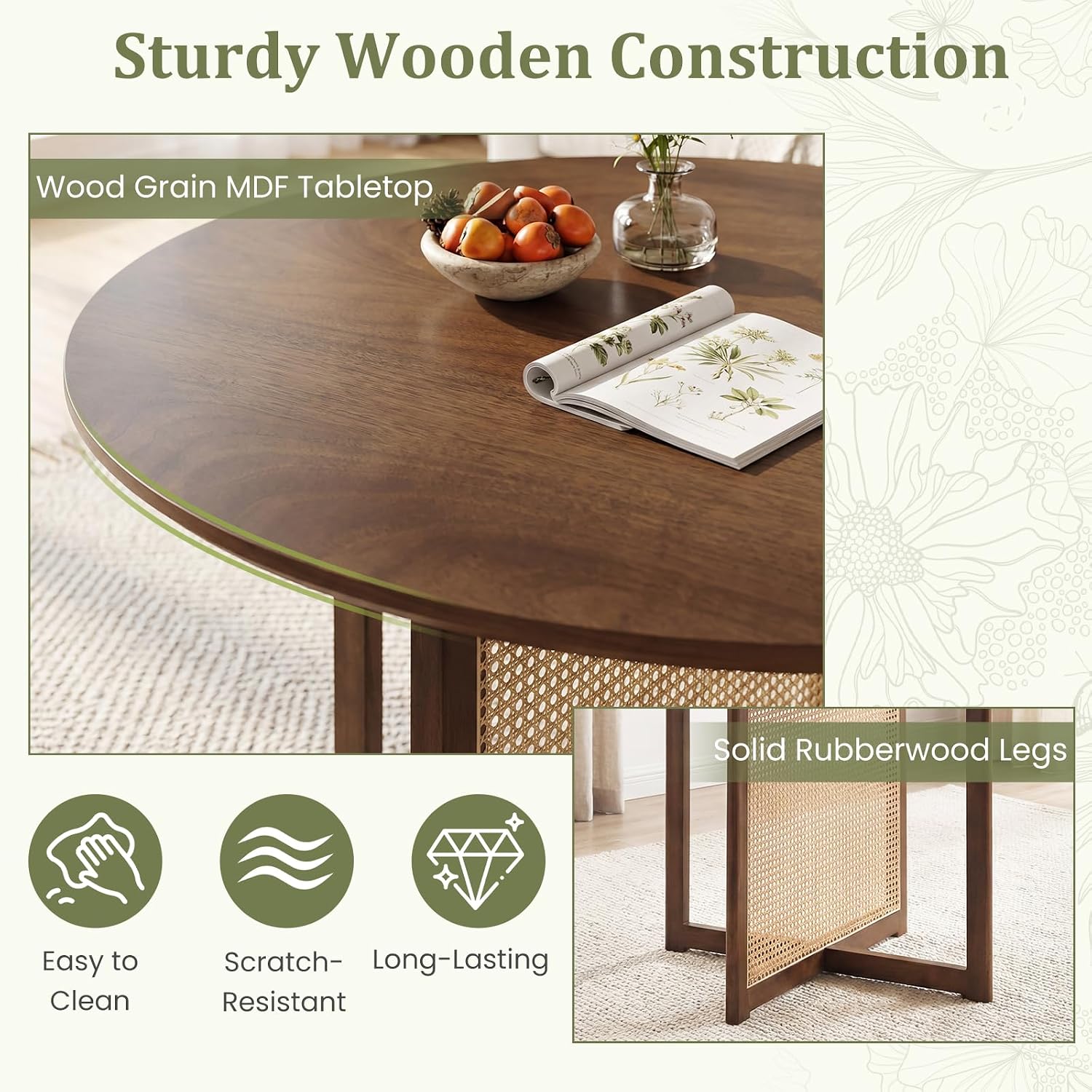 Giantex 37.5" Round Dining Table for 2-4, Farmhouse Kitchen Table with Solid Rubberwood Pedestal & Rattan Base, Modern Small Circle Dinner Table for Dinette Living Room