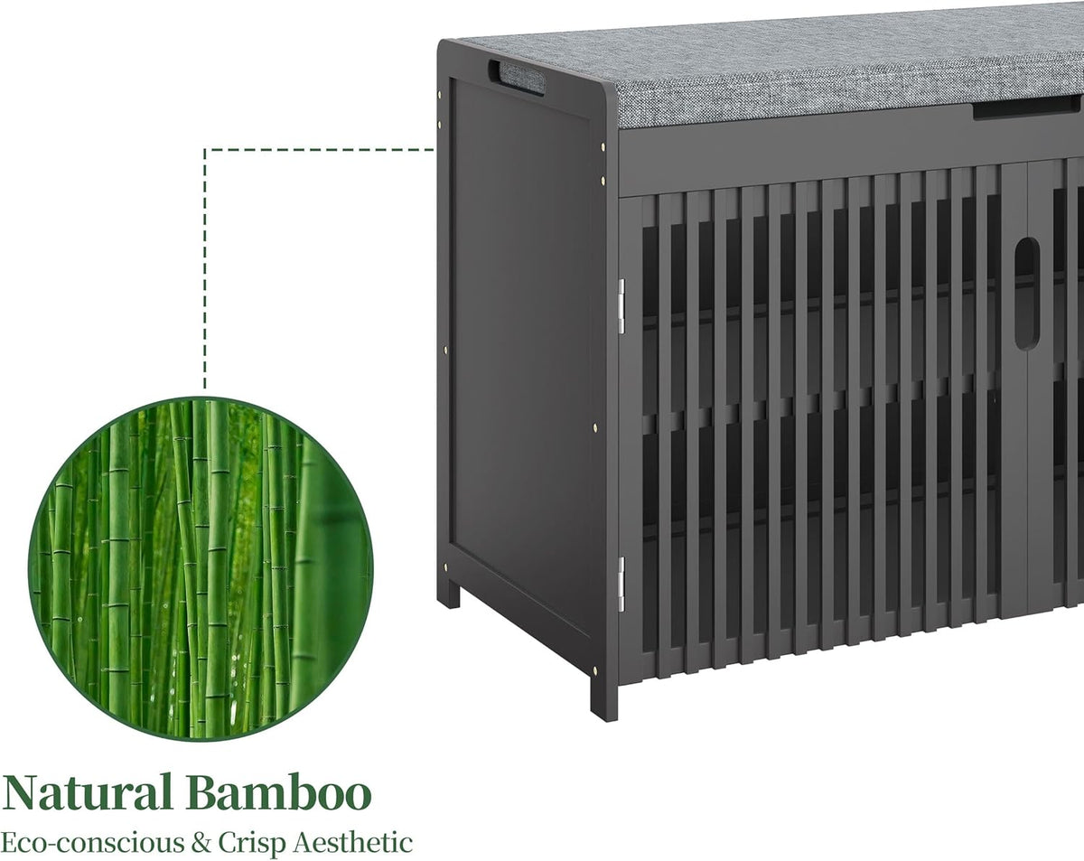 APRTAT Bamboo Shoe Storage Bench with Padded Cushion, 3-Tier Shoe Rack Organizer with 2 Ventilated Grille Doors for Entryway, Bedroom, Bathroom (Black, Large)