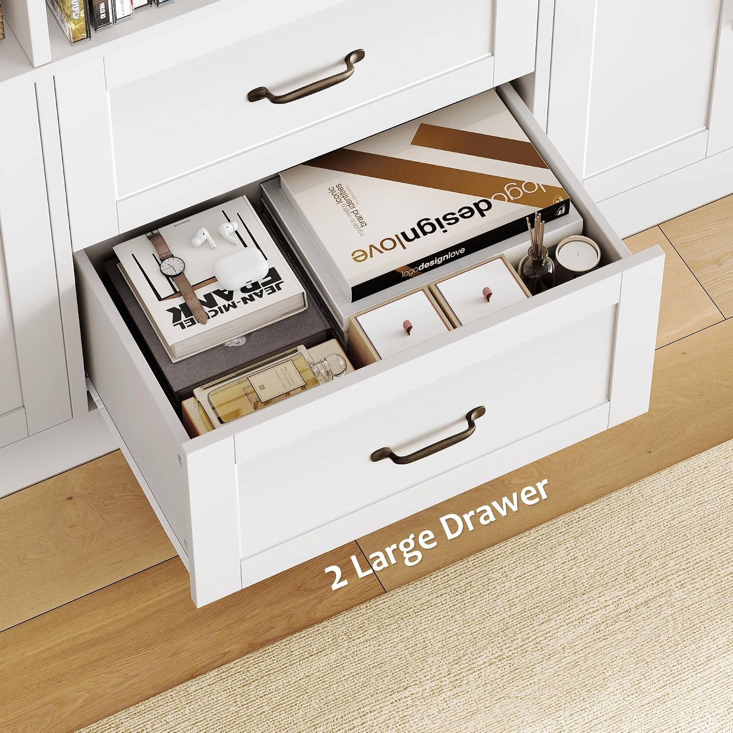 HOSTACK 71" Tall Triple Wide Bookshelf with Storage Drawers & Doors, White
