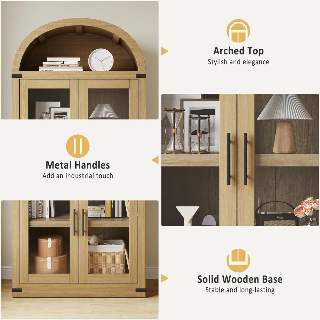 GAOMON 72" Tall Arched Kitchen Pantry Cabinet, Modern Farmhouse Arched Storage Cabinet with Glass Doors, Versatile Cupboard for Kitchen, Dining Room, Living Room, Office and Bathroom, Natural