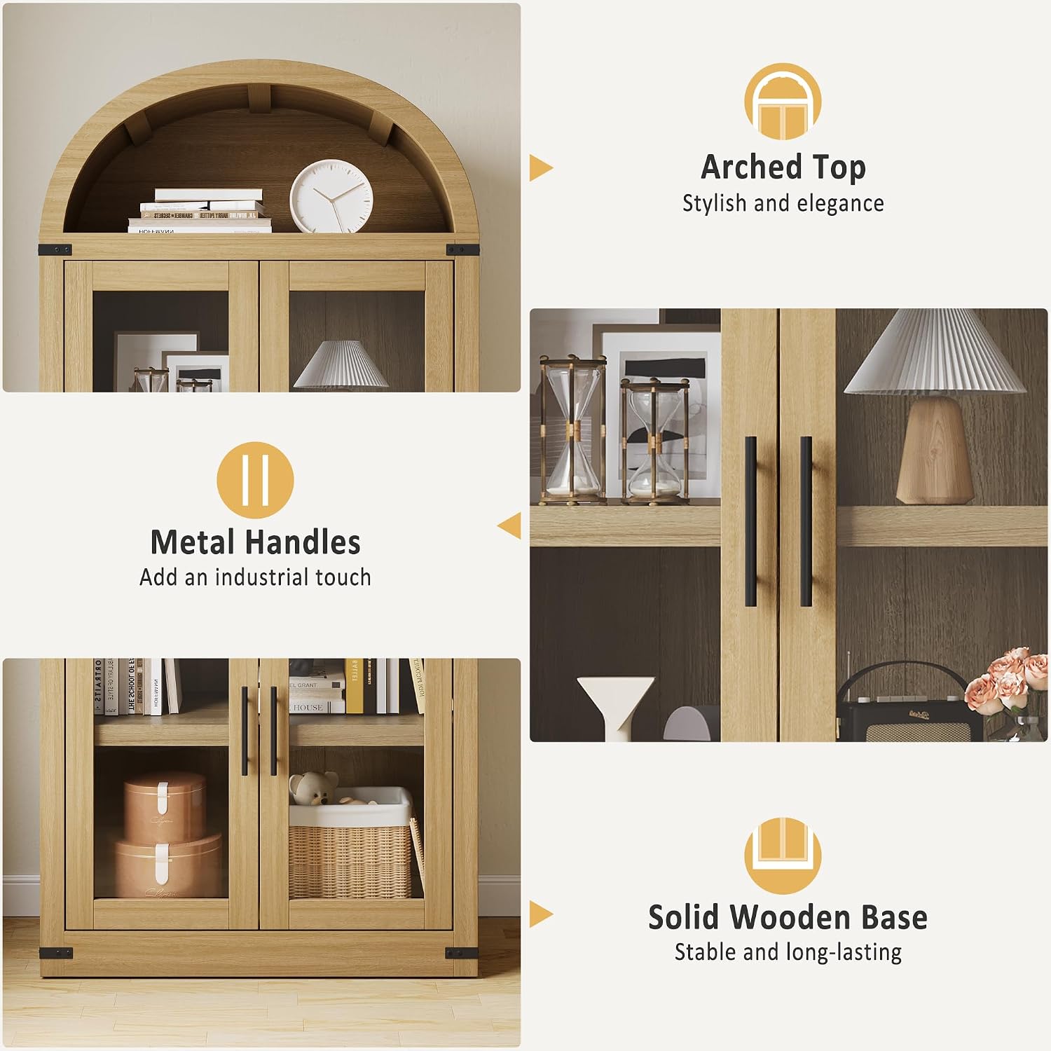 GAOMON 72" Tall Arched Kitchen Pantry Cabinet, Modern Farmhouse Arched Storage Cabinet with Glass Doors, Versatile Cupboard for Kitchen, Dining Room, Living Room, Office and Bathroom, Natural