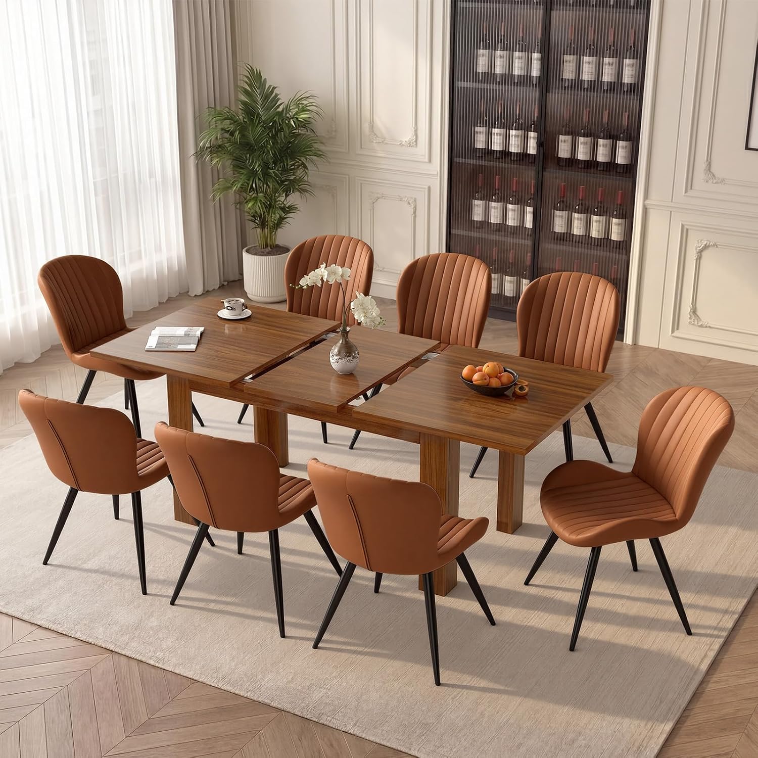 Miereirl 9-Piece Farmhouse Extendable Dining Table Set with 8 Chairs, Adjustable Length Rectangular Dining Room Furniture, Space-Saving Expandable Kitchen Dining Set (Walnut Table+8 Brown Chairs)