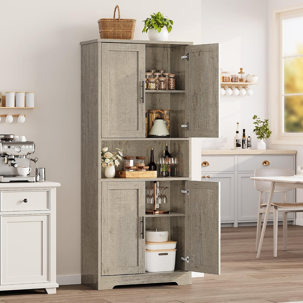 GarveeHome Tall Storage Cabinet, 70 in Kitchen Pantry Cabinet with Doors and Adjustable Shelves, Rustic Wooden Cupboard for Dining Room, Living Room,Gray