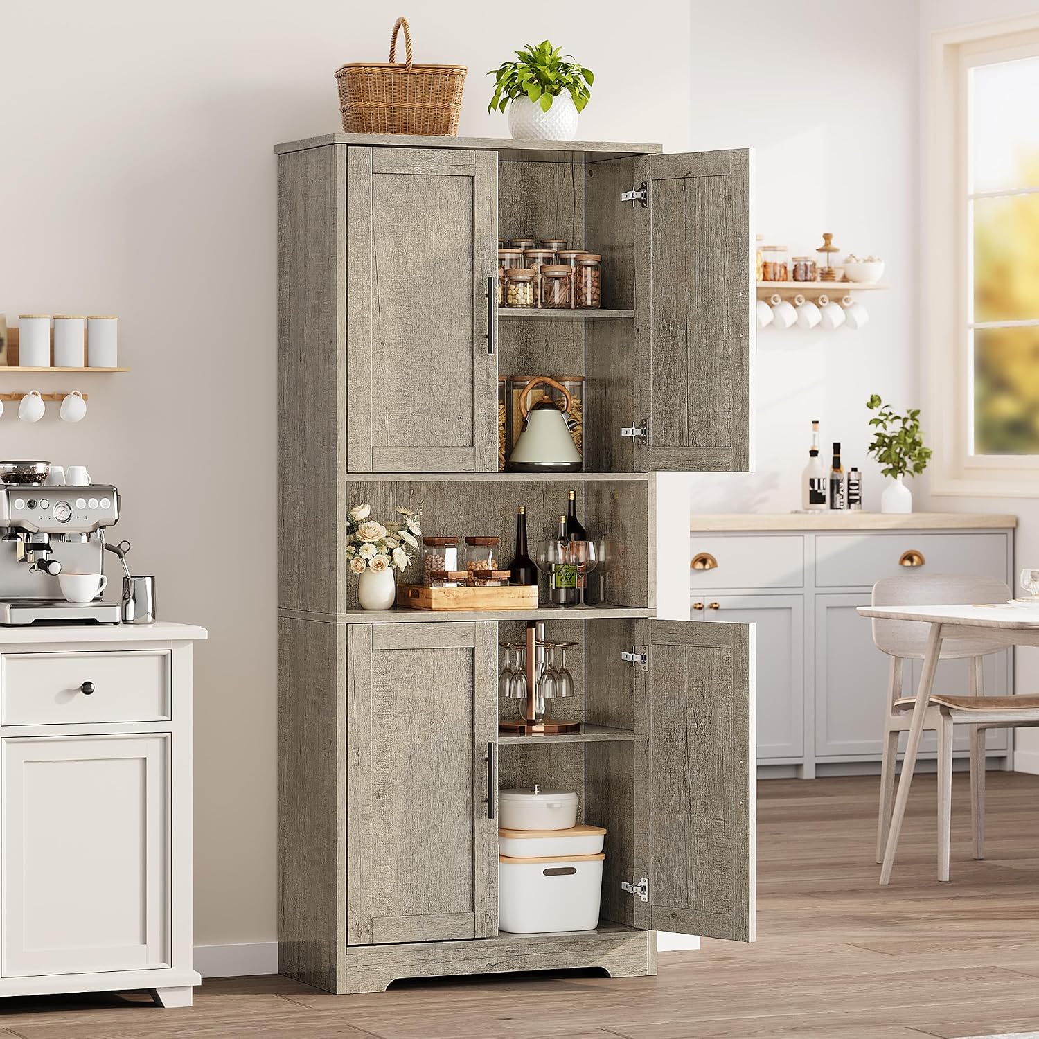 GarveeHome Tall Storage Cabinet, 70 in Kitchen Pantry Cabinet with Doors and Adjustable Shelves, Rustic Wooden Cupboard for Dining Room, Living Room,Gray