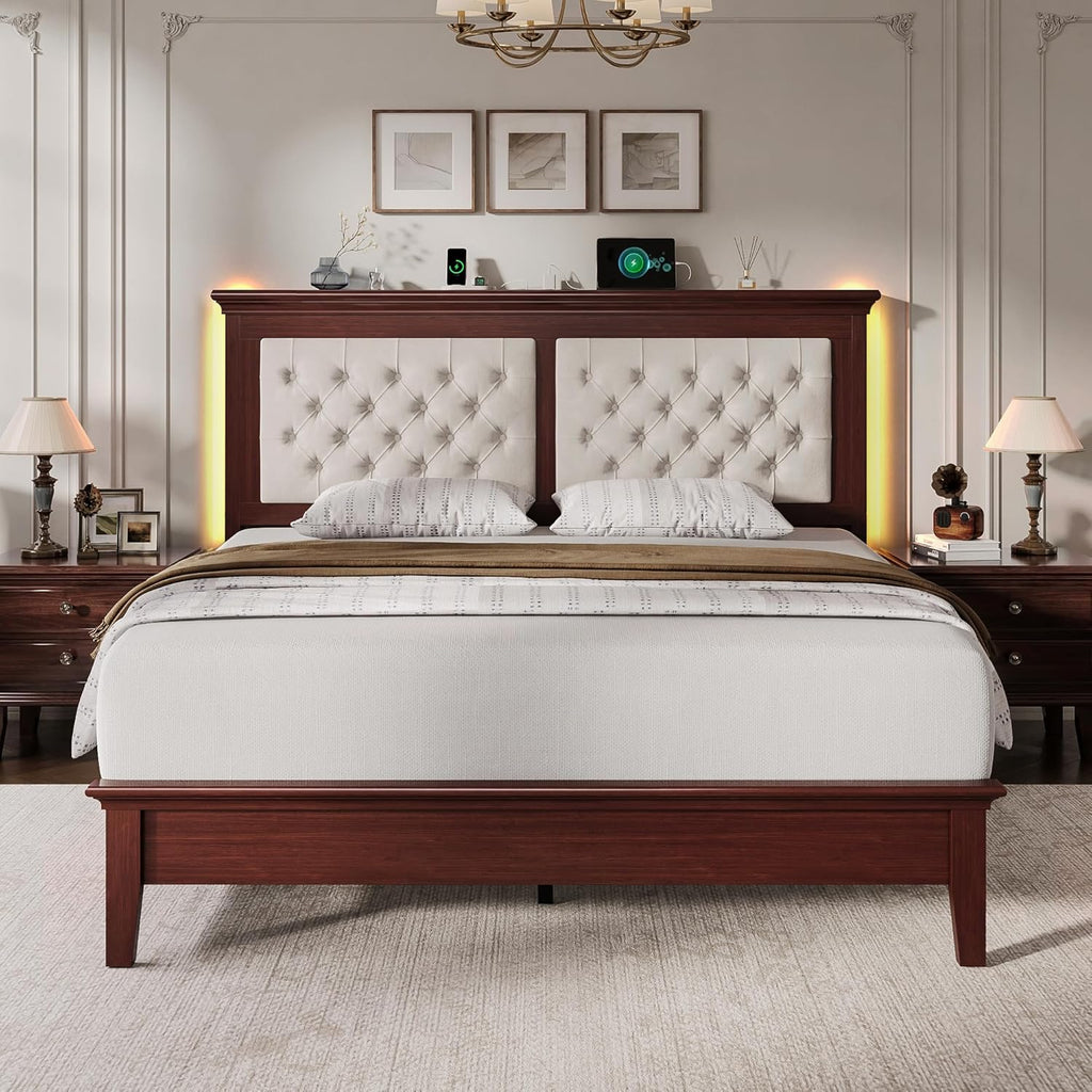 Lifezone Solid Wood Queen Bed Frame 41.5” Tall Diamond-Tufted Upholstered Headboard, American Classic Flat-Top Bed, Stable Structure, Wood Slats Support, Noise-Free, No Box Spring Needed, Redish Brown