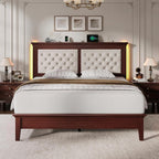 Lifezone Solid Wood Queen Bed Frame 41.5” Tall Diamond-Tufted Upholstered Headboard, American Classic Flat-Top Bed, Stable Structure, Wood Slats Support, Noise-Free, No Box Spring Needed, Redish Brown