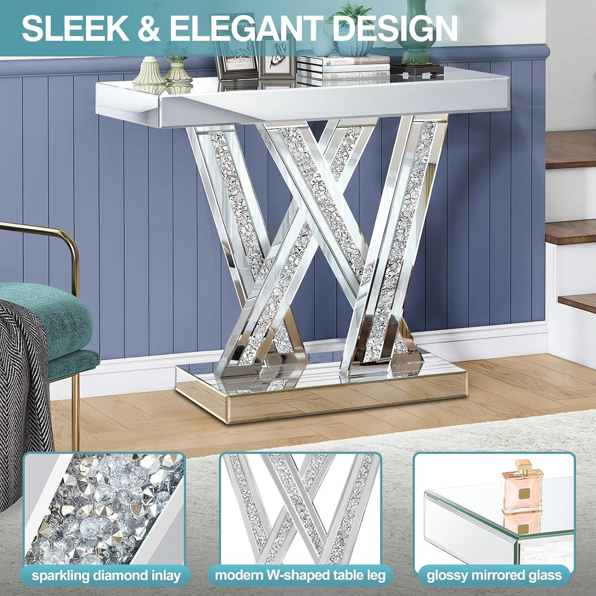 Modern Entryway Console Table with Crushed Diamond Inlay, 35.43" Silver Mirrored Glass Hallway Table for Entryway, Glam Decorative Sofa Tables for Living Room