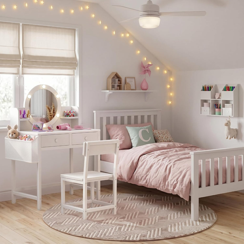 BOLUO Kids Vanity Table and Chair Set, Kids Vanity for Girls with Lights and Mirror, 2 in 1 Kid Vanity Set, Princess Makeup Vanity Desk with Drawers White