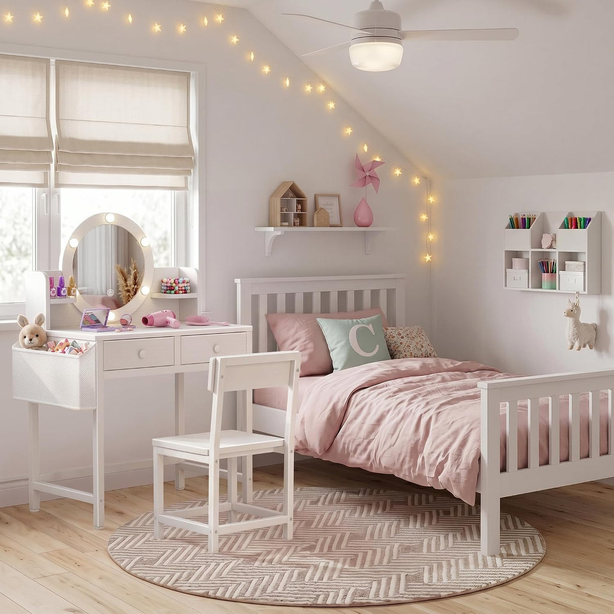 BOLUO Kids Vanity Table and Chair Set, Kids Vanity for Girls with Lights and Mirror, 2 in 1 Kid Vanity Set, Princess Makeup Vanity Desk with Drawers White
