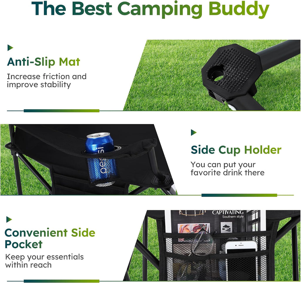 ALPHA CAMP Folding Camping Chair for Adults Lawn Chair for Camping Outdoor | Support 250 LBS Portable Camp Chairs with Cup Holders Cooler Pouch 2 Pack