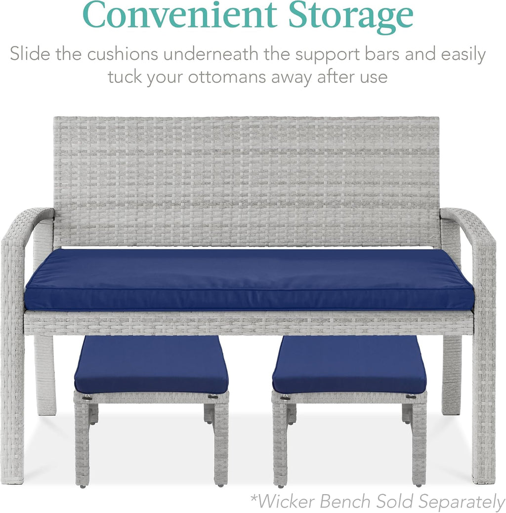 Best Choice Products Set of 2 Wicker Ottomans, Multipurpose Outdoor Furniture for Patio, Backyard, Additional Seating, Footrest, Side Table w/Removable Cushions, Steel Frame - Gray/Navy