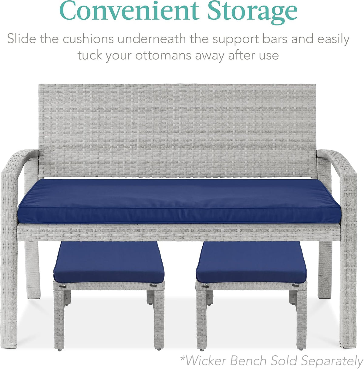Best Choice Products Set of 2 Wicker Ottomans, Multipurpose Outdoor Furniture for Patio, Backyard, Additional Seating, Footrest, Side Table w/Removable Cushions, Steel Frame - Gray/Navy