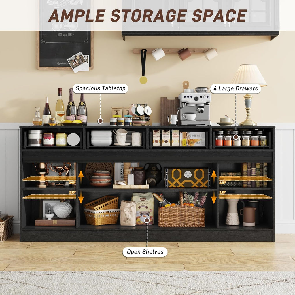 70” Large Buffet Sideboard Cabinet w/4 Drawer,Farmhouse Coffee Bar Cabinet Buffet with Storage,Sliding Door,Long Kitchen Buffet Table,Kitchen Sideboard Cabinet,Credenza for Dining Room,Black