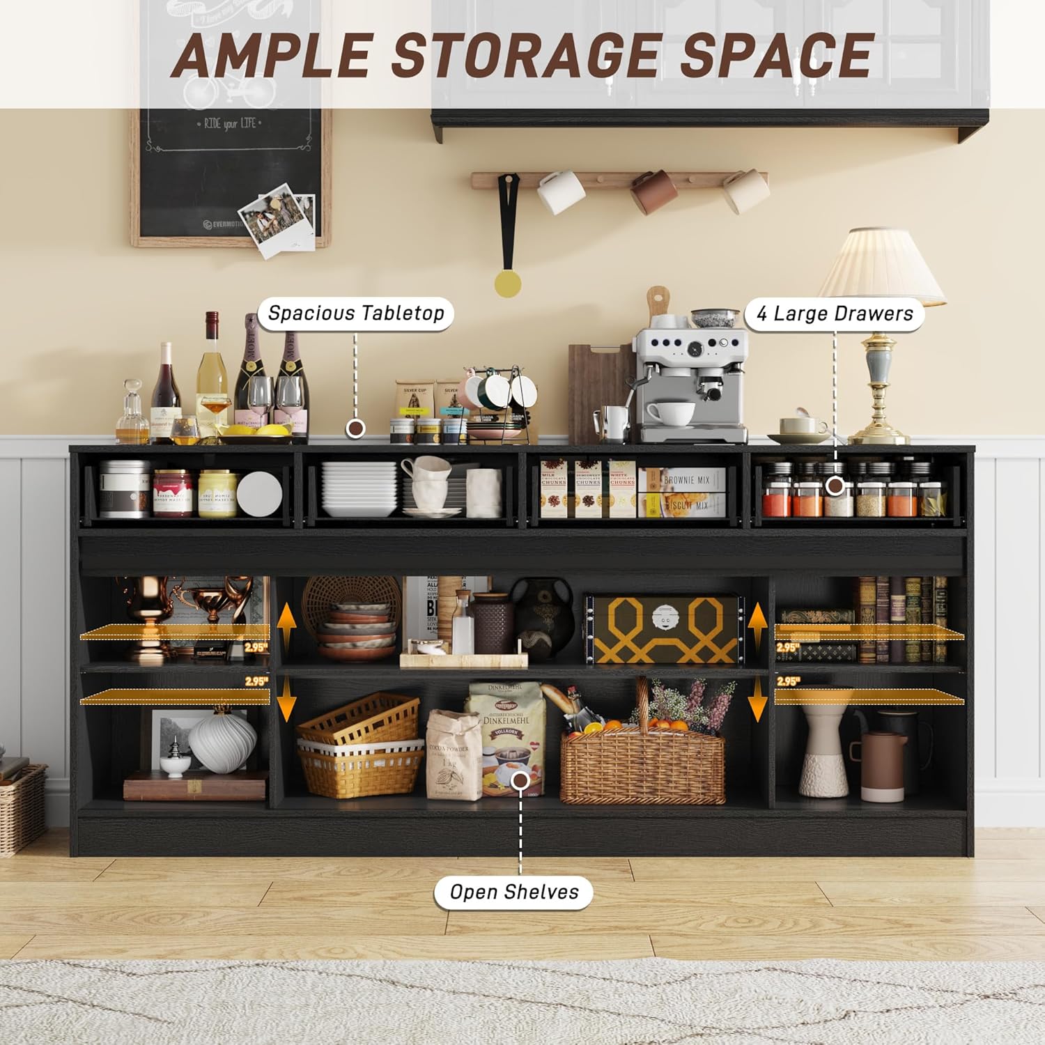 70” Large Buffet Sideboard Cabinet w/4 Drawer,Farmhouse Coffee Bar Cabinet Buffet with Storage,Sliding Door,Long Kitchen Buffet Table,Kitchen Sideboard Cabinet,Credenza for Dining Room,Black