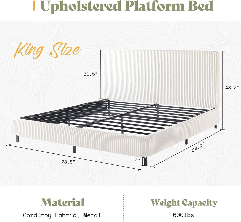 AMERLIFE King Bed Frame, Upholstered Metal Platform Bed, Cream