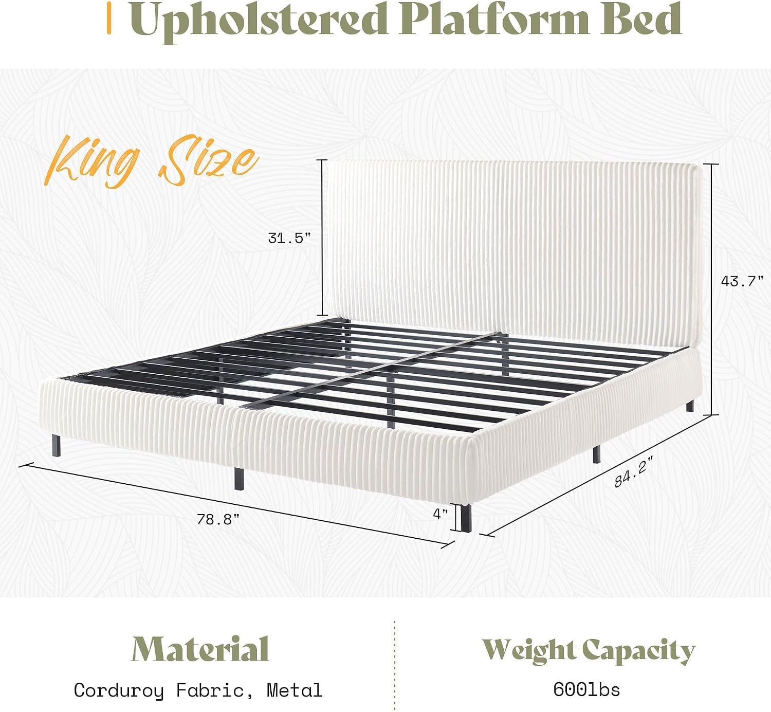 AMERLIFE King Bed Frame, Upholstered Metal Platform Bed, Cream
