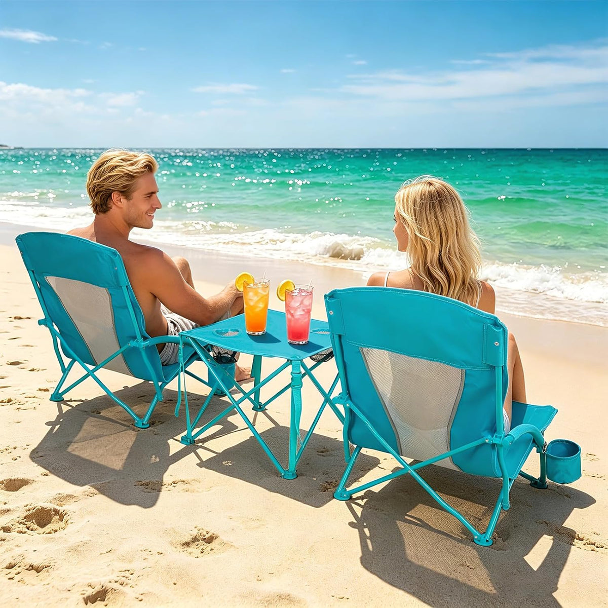 Folding Beach Chair Set of 3, Portable Camping Chairs with Table, Carrying Bag, Cup Holders, Outdoor Breathable Mesh Seat, 225lbs Heavy Duty Beach Chair for Camp Sand Travel Sunbathing