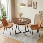 VECELO 3-Piece Dining Table Set, Round Tabletop with Chairs, Vintage Brown | Wood Grain Tabletop, 2 Faux Leather Upholstered Chairs, Metal Frame, Space Saving, for Small Apartment, Kitchen, Home Office