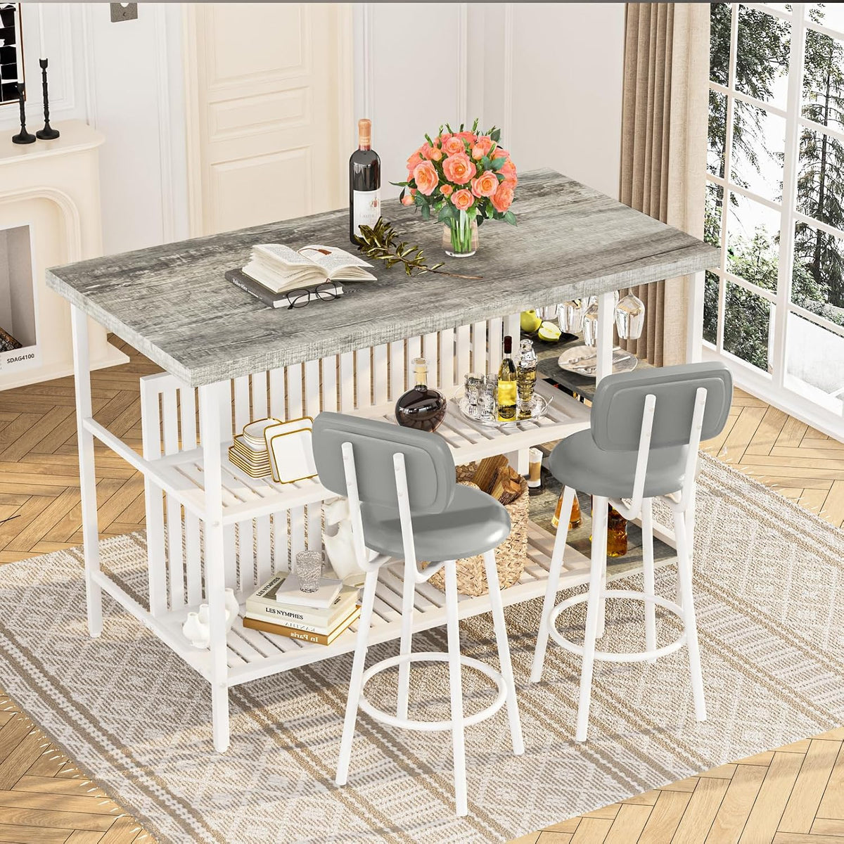 DKLGG 3 Piece Dining Table Set for 2,Kitchen Island with Seating & Storage,Industrial Bar Table and Chairs Set,Space-Saving Pub Table Set for Small Space (Grey)