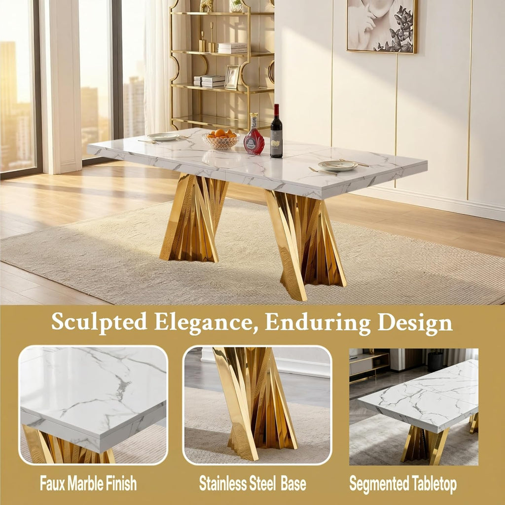 7 Piece Dining Table Set, White 70" Marble Dining Table with 6 Beige Velvet Chairs, Luxury Faux Marble Dining Room Table Set for 6, Modern Kitchen Table and Chairs Set for Home Furniture