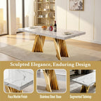 7 Piece Dining Table Set, White 70" Marble Dining Table with 6 Beige Velvet Chairs, Luxury Faux Marble Dining Room Table Set for 6, Modern Kitchen Table and Chairs Set for Home Furniture