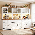 Unikito 94.5" Wide Kitchen Pantry Cabinet with 3 Power Outlets & LED Light, 71" Tall Large Kitchen Hutch with Countertop, DIY Pegboard with 18 Hooks & 6 Drawers, Farmhouse Food Pantry, Rustic White