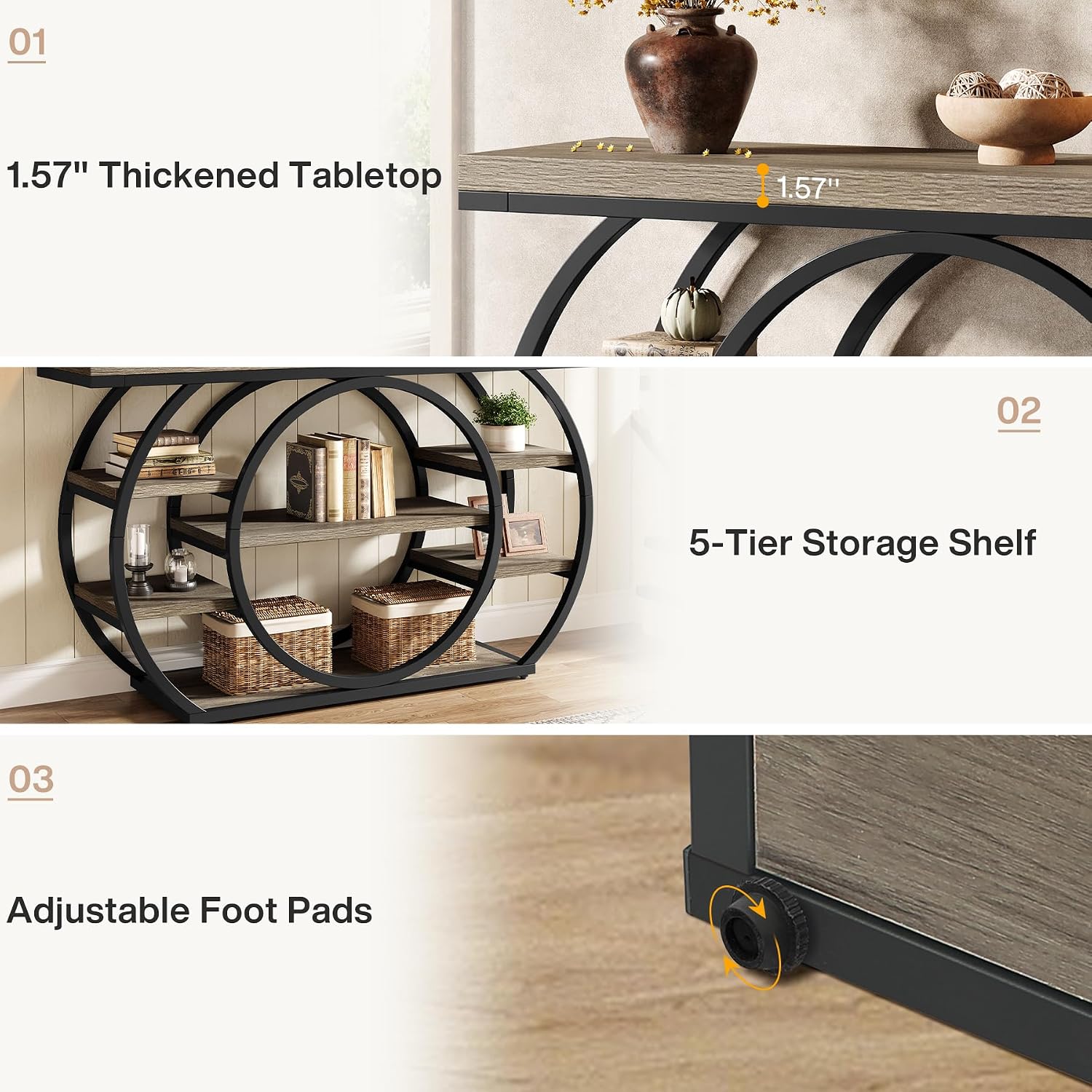 Tribesigns 47" Industrial Entryway Table with Staggered 5-Tier Shelf | Narrow Console with Metal Frame, 5-Tier Sofa Table for Living Room Entryway, Hallway, Foyer, Gray