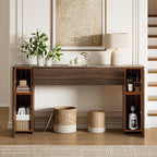 FABATO 61” Fluted Long Console Table with 2 Hidden Storage Cabinets, Walnut | Wooden Rectangular Sofa Table, Behind the Couch, Narrow Entryway Table for Entrance, Hallway, Living Room, Foyer