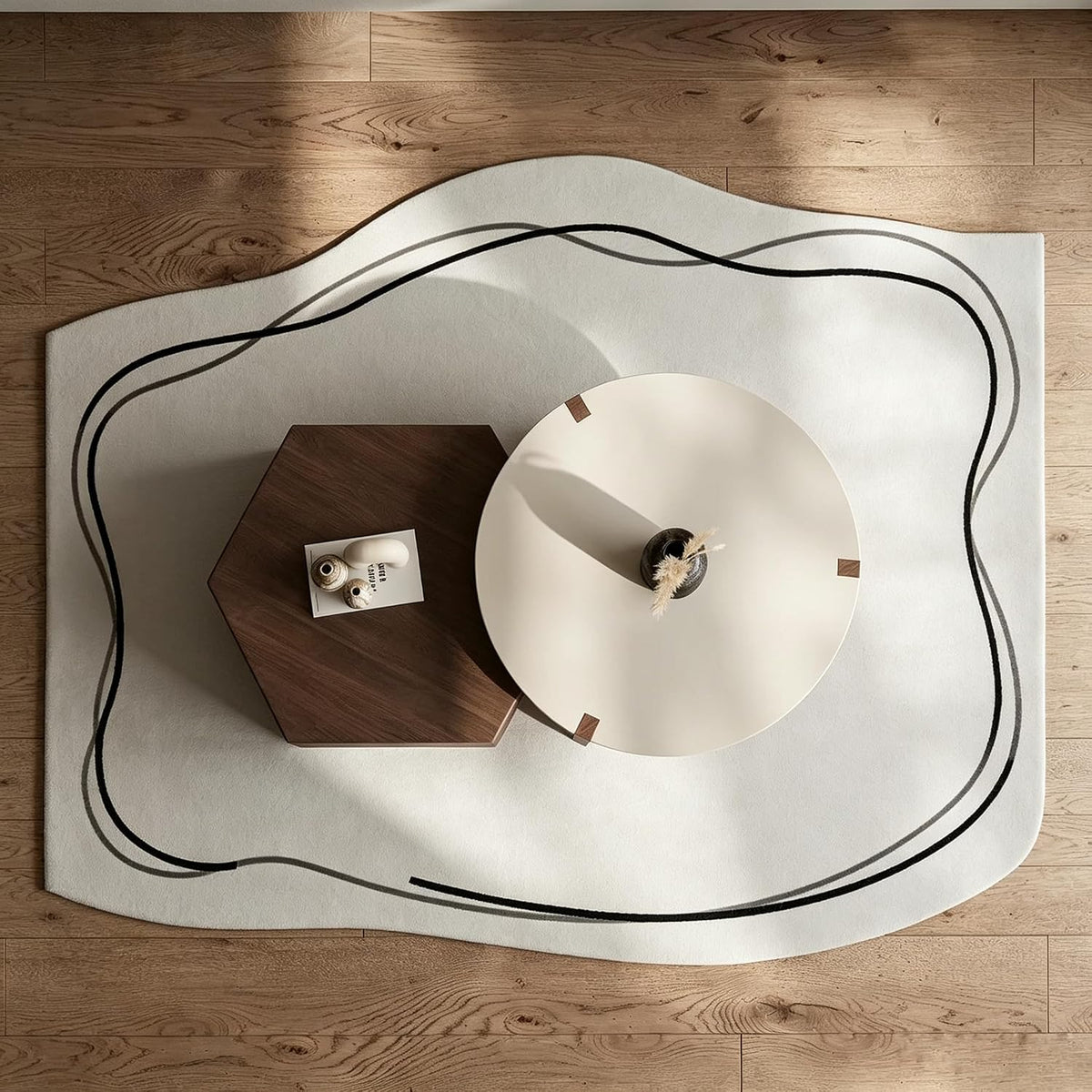 Round Nesting Coffee Table for Living Room, Hexagonal Side Table Set | White Lacquer Finish Center Tabletop | Pine Veneer End Table | Set of 2 | Living Room Decor | Stackable Design | Space-Saving