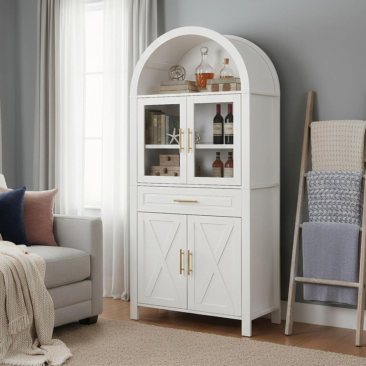 71" Tall Arched Kitchen Pantry Cabinet, Farmhouse Pantry Cabinet with Glass Door & 6 Internal Storage Racks, Adjustable Shelves Storage Cabinets for Kitchen, Living Room, Dining Room, Bathroom