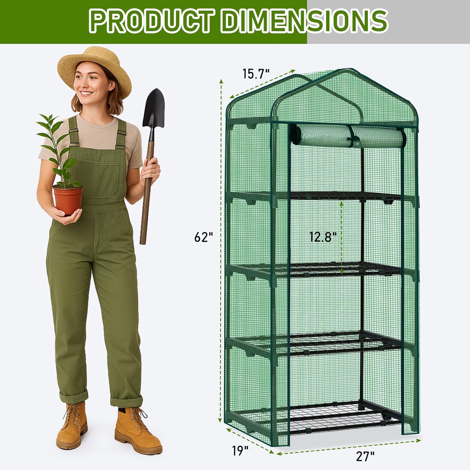 Outvita Mini Greenhouse, Small PE Plant Green House with 4 Tiers Rack, Shelf Clips, Roll-up Zipper Door, Gardening Supplies for Indoor Outdoor Seedling Frost Protection , 27"x19.6"x63" Green