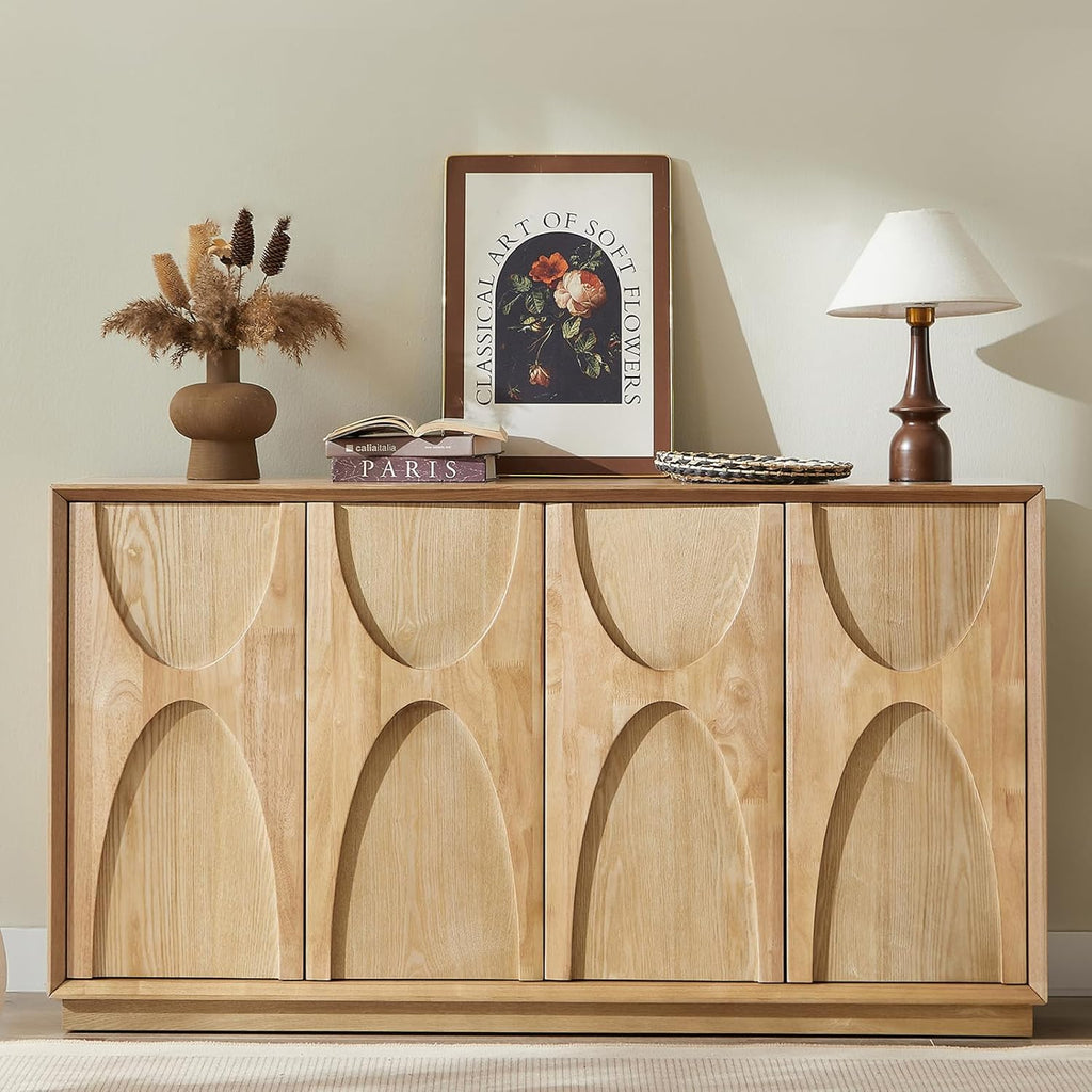 LKTART 59" Sideboard Buffet Cabinet Retro Accent Storage Cabinet with Magnetic Door Latches Adjustable Shelf for Living Room Kitchen(Natural Oak)