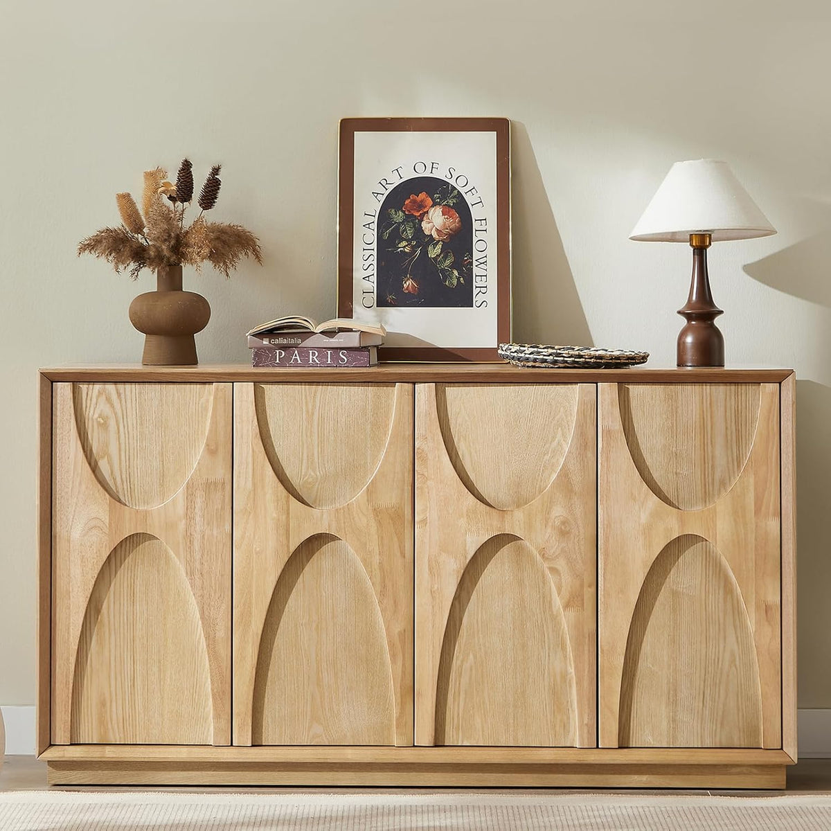 LKTART 59" Sideboard Buffet Cabinet Retro Accent Storage Cabinet with Magnetic Door Latches Adjustable Shelf for Living Room Kitchen(Natural Oak)