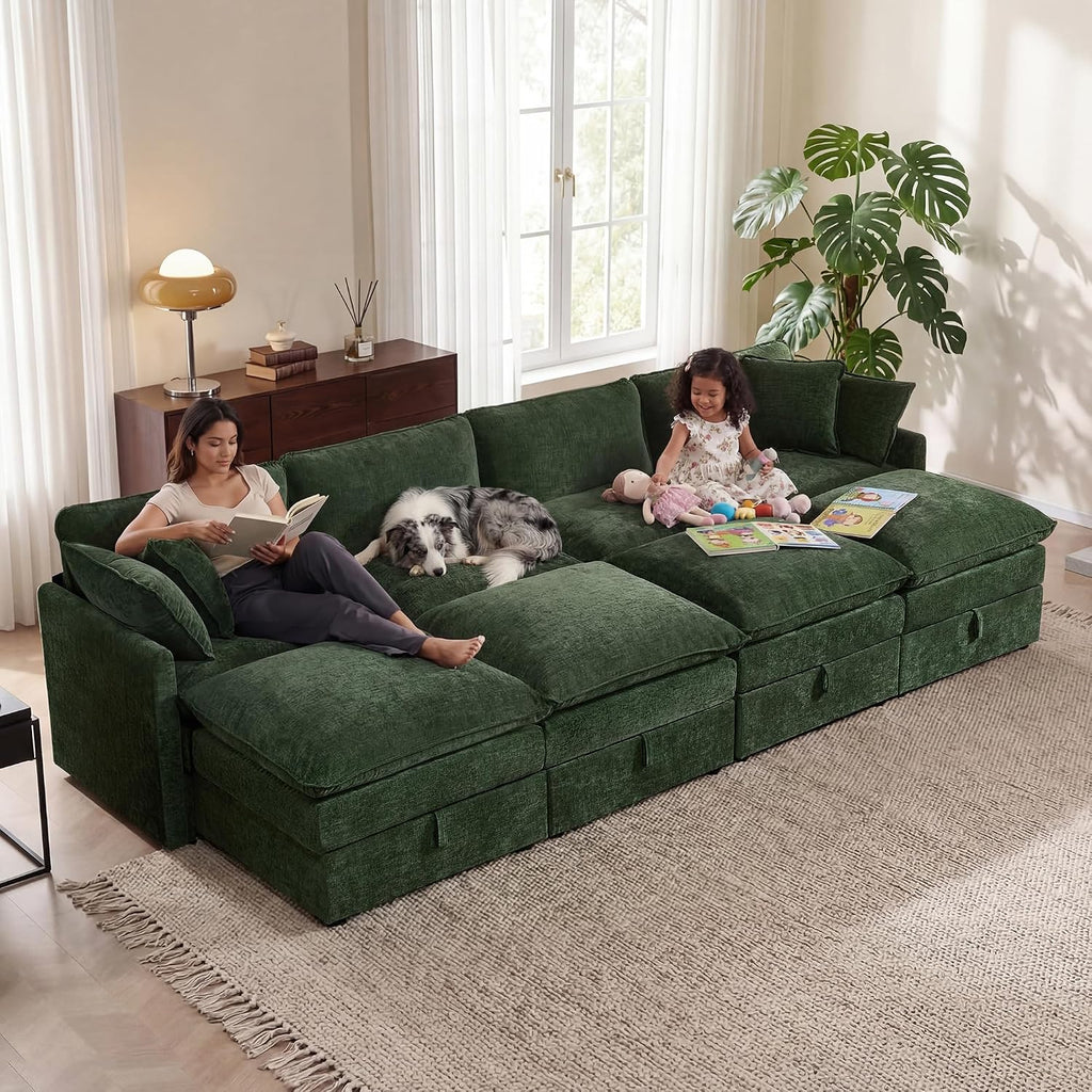 Myroyalsit Modular Sofa with Storage, 135" Sleeper Sofa Bed Sectional Cloud Couch, Oversized Fabric Couch with Movable Ottoman, 8 Seat Modern Deep Seat Sofa for Living Room (Green Chenille)
