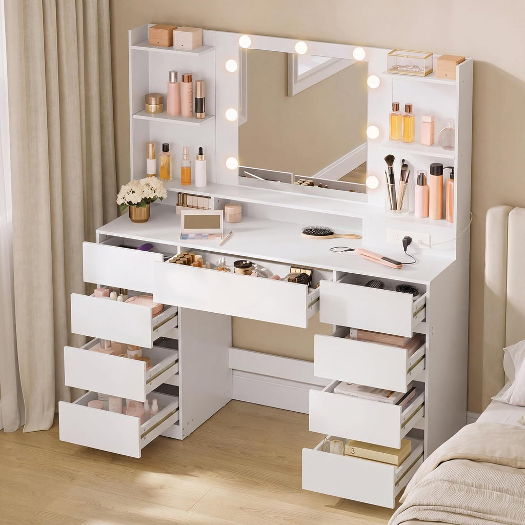 VASAGLE 43.3-Inch Vanity Desk with Mirror and Lights, 9 Drawers | Modern Vanity Table with Power Outlets, Jewelry Storage, Cloud White, for Bedroom, KAILYN Collection URDT141WB01S