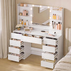 VASAGLE 43.3-Inch Vanity Desk with Mirror and Lights, 9 Drawers | Modern Vanity Table with Power Outlets, Jewelry Storage, Cloud White, for Bedroom, KAILYN Collection URDT141WB01S